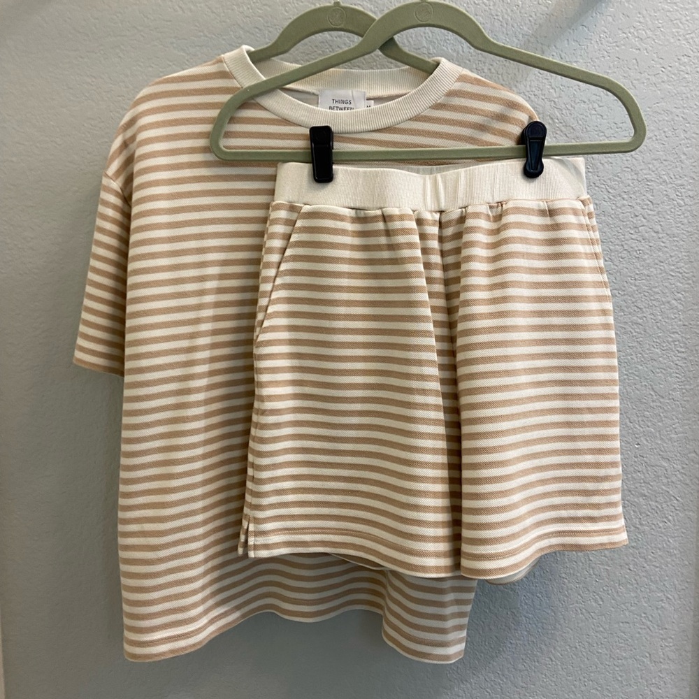 Striped Beige and White T-Shirt and Shorts Set
